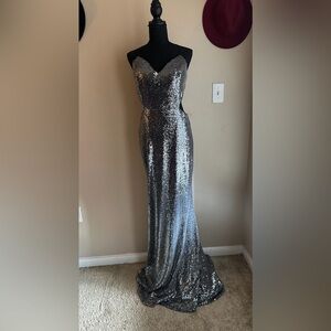 Fashion Nova Silver Sequin Spaghetti Strap Prom Dress